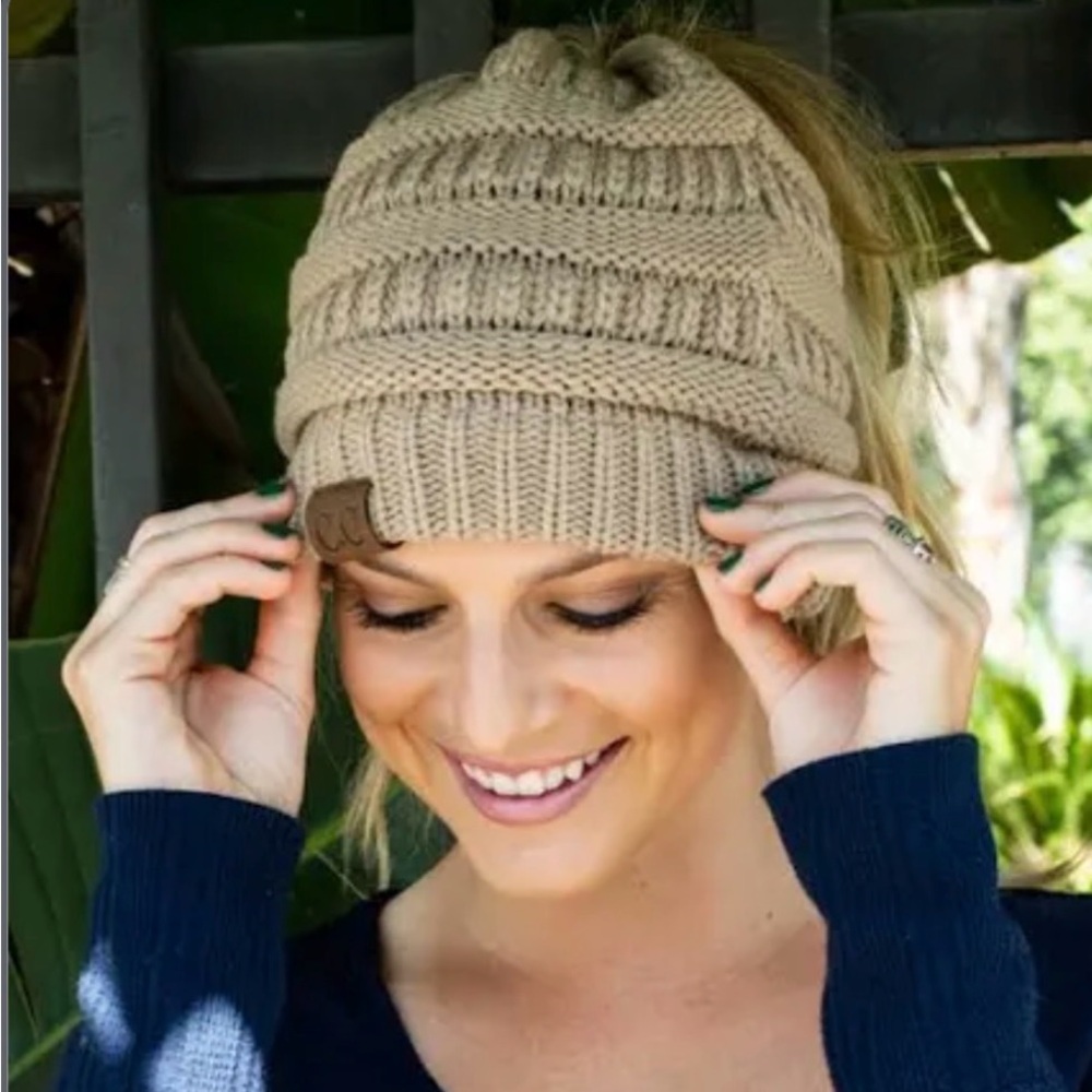 C.C Knit Beanie Hat in Camel with Gold
